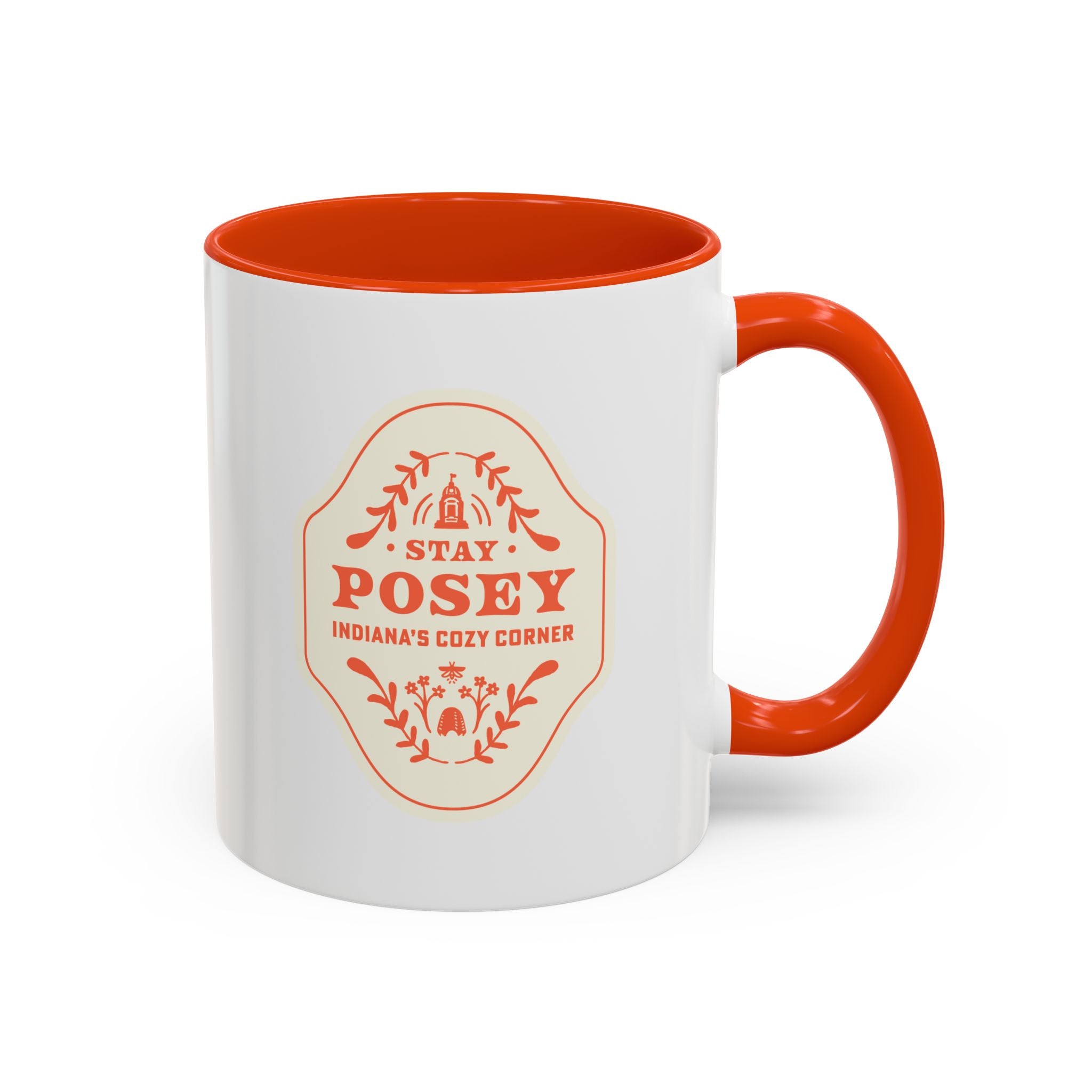 Stay Posey Ceramic Mug — 'Stay Posey: Indiana's Cozy Corner' Color Accent Coffee Cup (11oz & 15oz)