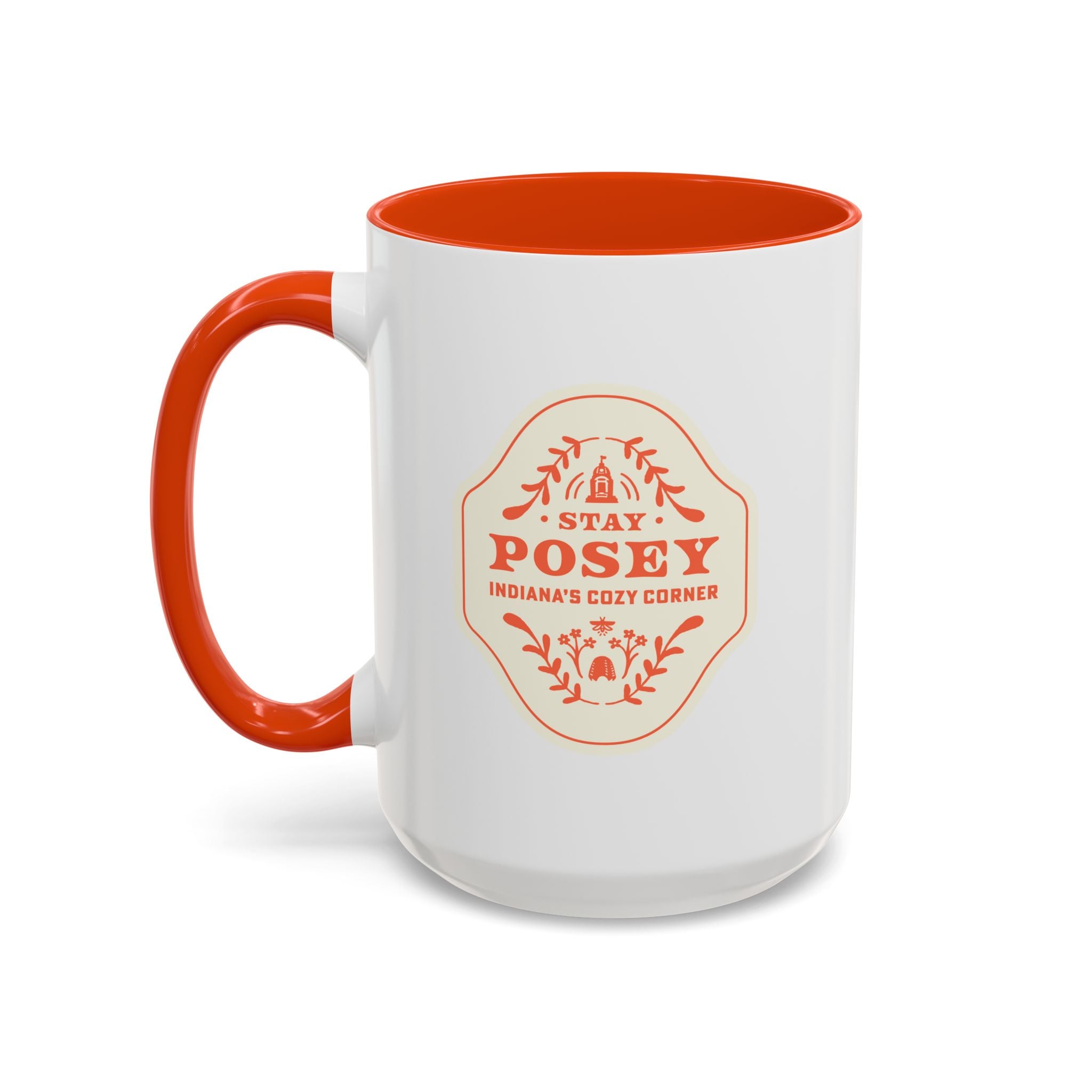 Stay Posey Ceramic Mug — 'Stay Posey: Indiana's Cozy Corner' Color Accent Coffee Cup (11oz & 15oz)
